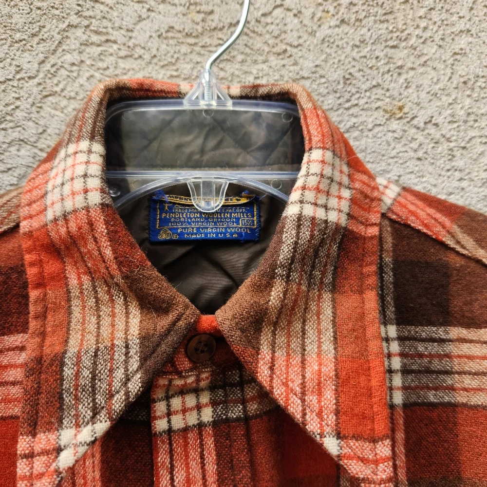 Vintage PENDLETON Men’s Shirt Shacket Size 15 1/2 Orange Plaid Tartan Wool 80s - Picture 5 of 8